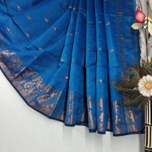 Traditional Blue Silk Saree with Silver Zari Border, Floral Pattern, Handloom Weave