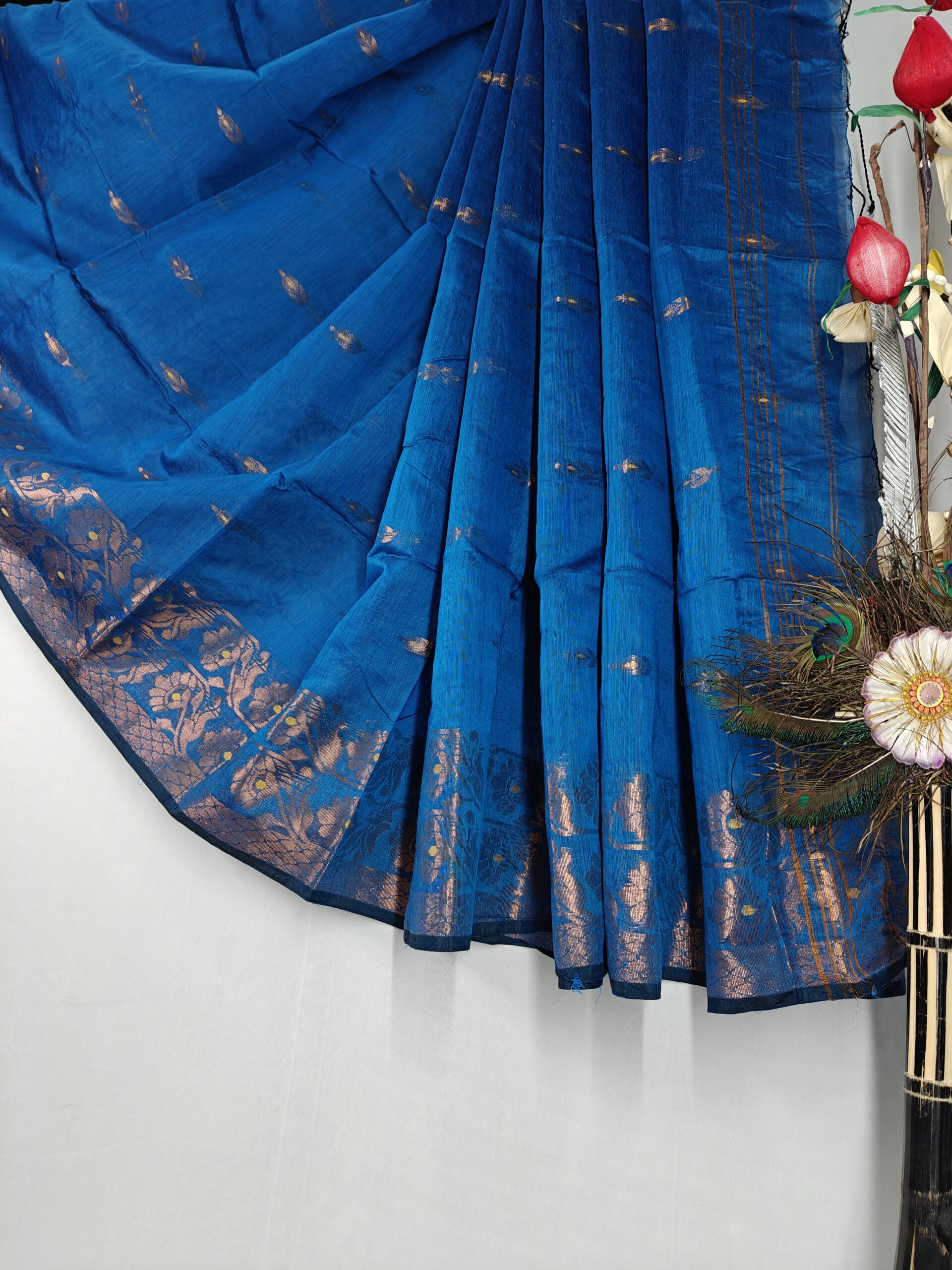Traditional Blue Silk Saree with Silver Zari Border, Floral Pattern, Handloom Weave